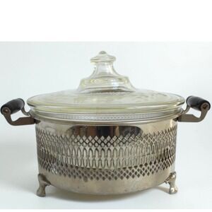 Pyrex Etched Glass Casserole Dish Filigree Footed Caddy Wood Handle